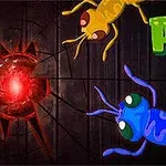 Siyah zemin üzerinde, kırmızı bir ışık yayan yuvarlak bir delik, sarı ve mavi renkli iki karınca ile Ants yazısı