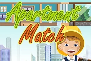 Çizgi tarzında şehir manzarası önünde sarı şapka takan gülen bir çocuk ve Apartment Match yazısı