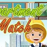 Çizgi tarzında şehir manzarası önünde sarı şapka takan gülen bir çocuk ve Apartment Match yazısı