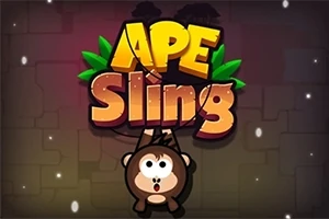 Sevimli bir maymun karakteri, arka planda yapraklarla çevrili büyük ve renkli APE Sling yazısının altında asılı duruyor