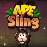 Sevimli bir maymun karakteri, arka planda yapraklarla çevrili büyük ve renkli APE Sling yazısının altında asılı duruyor