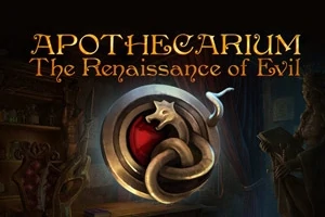 Karanlık bir arka planda büyük bir metal yılan sembolü ve üzerinde APOTHECARIUM The Renaissance of Evil yazısı bulunuyor