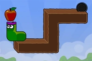 Yeşil, L şeklinde bir platformda duran kırmızı bir elma ile küçük yeşil bir yaratık