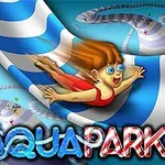 Mavi ve beyaz renkli bir su kaydırağında kayarken kırmızı mayolu bir kadın karakter; alt kısımda renkli AQUAPARK