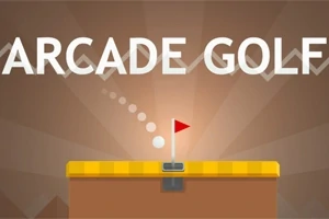 Büyük beyaz harflerle ARCADE GOLF yazısının üstünde bir golf topu ve kırmızı bayrağın yer aldığı basit bir golf tasviri