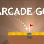 Büyük beyaz harflerle ARCADE GOLF yazısının üstünde bir golf topu ve kırmızı bayrağın yer aldığı basit bir golf tasviri