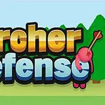 Büyük ve renkli Archer Defense yazısının üzerine oklar saplanmış, arka planda ağaçlar yer alıyor ve sağ alt köşede pembe bir karakter bulunuyor