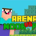 Blok tarzı grafiklerle tasarlanmış iki karakter, biri mavi kıyafetli ve diğeri zırh giymiş, Arena: Noob vs Pro metniyle birlikte yeşillik bir arka plan önünde duruyor
