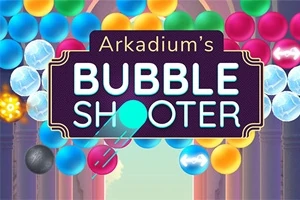 Renkli balonlarla dolu bir oyun ekranı ve üstünde Arkadiums Bubble Shooter yazılı bir döviz