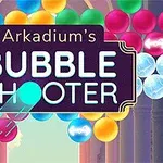 Renkli balonlarla dolu bir oyun ekranı ve üstünde Arkadiums Bubble Shooter yazılı bir döviz