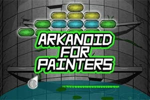 Arkanoid tarzı bir oyunun arka planında, renkli tuğlalar ve ortasında Arkanoid for Painters yazısı bulunan bir görsel