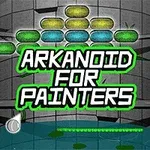 Arkanoid tarzı bir oyunun arka planında, renkli tuğlalar ve ortasında Arkanoid for Painters yazısı bulunan bir görsel