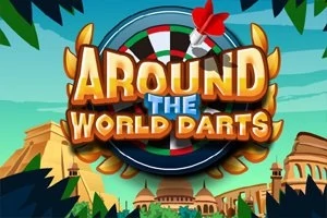 Dart tahtası ve hedefi üzerinde Around the World Darts yazısı, arka planda ise antik yapıların yer aldığı bir manzara