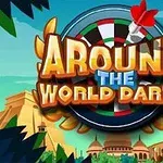 Dart tahtası ve hedefi üzerinde Around the World Darts yazısı, arka planda ise antik yapıların yer aldığı bir manzara