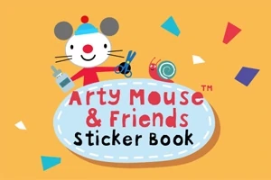 Arka planda turuncu bir zeminde, elinde makas ve yapıştırıcı tutan sevimli bir fare karakteri ile bir salyangozun bulunduğu, Arty Mouse & Friends Sticker Book yazılı bir kitap kapağı