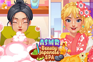 Bir yanda köpüklerle kaplı bir kadının spa keyfi, diğer yanda geleneksel Japon kiyafeti giymiş, çiçeklerle süslenmiş sarı saçlı bir kadın