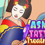 Japon kültüründen esinlenilmiş bir figüran, elinde yelpaze tutarken renkli bir yazı stüdyosu ile birlikte tasvir edilmiştir