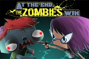 Zombiye silah doğrultan gözlüklü bir kadın karakter ve arka planda At The End, The Zombies Win yazısı