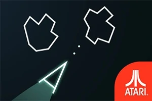 Koyu arka plan üzerinde beyaz hatlarla çizilmiş iki çokgen ve bir üçgen şekli, sağ alt köşede Atari logosu