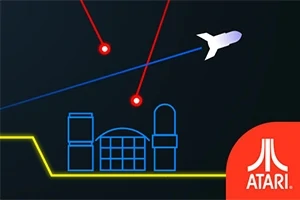 Karanlık bir arka planda kırmızı lazer ışınlarıyla vurgulanan futuristik bir şehir silüeti üzerinde hareket eden beyaz bir uzay aracı grafiği ve sağ altta Atari logosu
