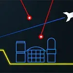 Karanlık bir arka planda kırmızı lazer ışınlarıyla vurgulanan futuristik bir şehir silüeti üzerinde hareket eden beyaz bir uzay aracı grafiği ve sağ altta Atari logosu