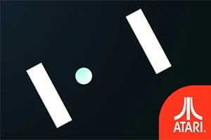 Siyah arka plan üzerinde, iki beyaz dikdörtgen ve ortalarında bir beyaz topun bulunduğu basit grafik tasarımı, sağ alt köşede kırmızı bir alanda Atari logosu ile birlikte