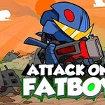 Mavi zırhlı bir savaşçı, elinde büyük bir silah tutarak yıkık binaların önünde duruyor ve aşağıda Attack on Fatboy yazısı bulunuyor