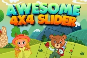 Çizgi film tarzı dağ manzarasının önünde bir kız çocuğu ve bir ayı karakteri, AWESOME 4X4 SLIDER yazısı altında görülüyor