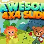 Çizgi film tarzı dağ manzarasının önünde bir kız çocuğu ve bir ayı karakteri, AWESOME 4X4 SLIDER yazısı altında görülüyor