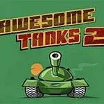 Yeşil bir fon üzerinde büyük tekerlekleri ve top namlusu olan karikatür tarzında bir tank, üstünde büyük harflerle Awesome Tanks 2 yazısı