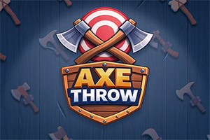 Koyu mavi arka planda çapraz baltalar ve kalkan üzerinde AXE THROW yazılı logo