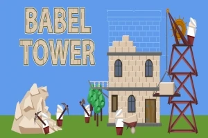 Babel Kulesi inşa edilirken, işçiler ve vinç kullanan karakterler taş bloklar taşıyor