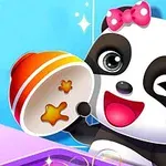 Pembe kurdeleli sevimli panda, elinde bir kase tutarken göz kırpıyor