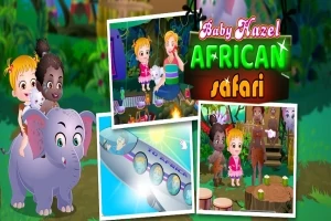 İki çocuk fil üstünde, tropikal bir ortamda ve Afrika safari temalı renkli çizimler