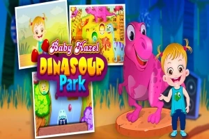 Bebek Hazel ve pembe bir dinozorun yer aldığı renkli çizgi karakterli park temalı illüstrasyon