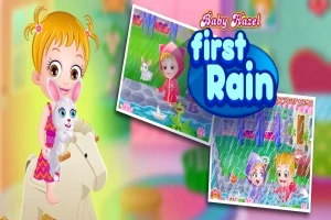 Sevimli bir bebek beyaz bir oyuncak ata binmiş ve kucağında beyaz bir tavşan tutarken, yanında yağmur altında çocukların yer aldığı iki küçük resim ve first rain yazısı görülüyor