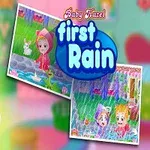 Sevimli bir bebek beyaz bir oyuncak ata binmiş ve kucağında beyaz bir tavşan tutarken, yanında yağmur altında çocukların yer aldığı iki küçük resim ve first rain yazısı görülüyor
