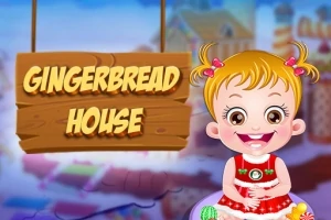 Sevimli bir çocuk kırmızı elbise giymiş ve arka planda Gingerbread House yazılı bir ahşap tabela var