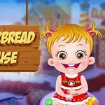 Sevimli bir çocuk kırmızı elbise giymiş ve arka planda Gingerbread House yazılı bir ahşap tabela var