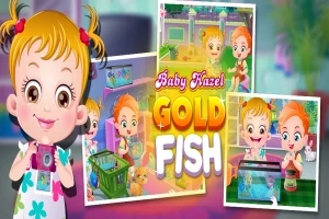 Çocuk karakterin balıkları beslerken ve bir akvaryuma bakarken görüldüğü, üzerinde Baby Hazel Gold Fish yazılı renkli afiş
