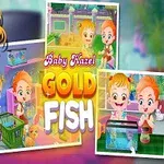 Çocuk karakterin balıkları beslerken ve bir akvaryuma bakarken görüldüğü, üzerinde Baby Hazel Gold Fish yazılı renkli afiş