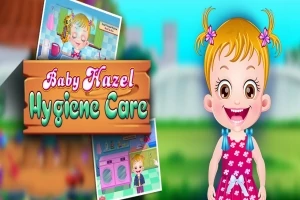 Küçük bir kız çocuğu pembe puantiyeli elbisesiyle gülümsüyor, arka planda iki resim yer alıyor ve Baby Hazel Hygiene Care yazısı bulunuyor