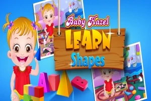 Sarı saçlı bir bebek ve ahşap bir tabelada Learn Shapes ifadesi, çevresinde oyuncaklar ve fotoğraflar ile renkli bir arka plan