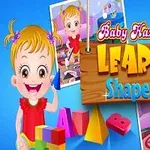Sarı saçlı bir bebek ve ahşap bir tabelada Learn Shapes ifadesi, çevresinde oyuncaklar ve fotoğraflar ile renkli bir arka plan