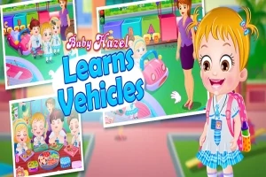 Büyük gözlü bir çizgi karakter, arka planda çocukların ve yetişkinlerin yer aldığı eğlenceli bir ortamla birlikte, renkli oyuncak araçlarla oynuyor ve Baby Hazel Learns Vehicles yazısı bulunuyor