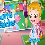 Büyük gözlü bir çizgi karakter, arka planda çocukların ve yetişkinlerin yer aldığı eğlenceli bir ortamla birlikte, renkli oyuncak araçlarla oynuyor ve Baby Hazel Learns Vehicles yazısı bulunuyor