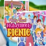 Çocuğun mavi beyaz okul üniforması giydiği ve arka planda çocukların farklı aktiviteler yaptığı renkli bir çizgi film sahnesi