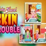 Bebek Hazel, cilt problemi başlığı ve yanlarda farklı sahnelerin olduğu renkli bir oyun afişi
