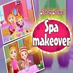 Sevimli sarışın bir kız spa makyajı konseptiyle, yan yana iki küçük resimde diğer bir kişiyle gösteriliyor