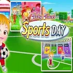 Sarı saçlı bir çocuk kırmızı futbol kıyafeti, kahverengi saçlı bir çocuk mavi spor kıyafeti giymiş, arka planda çim sahada çeşitli spor temalı görüntüler bulunuyor